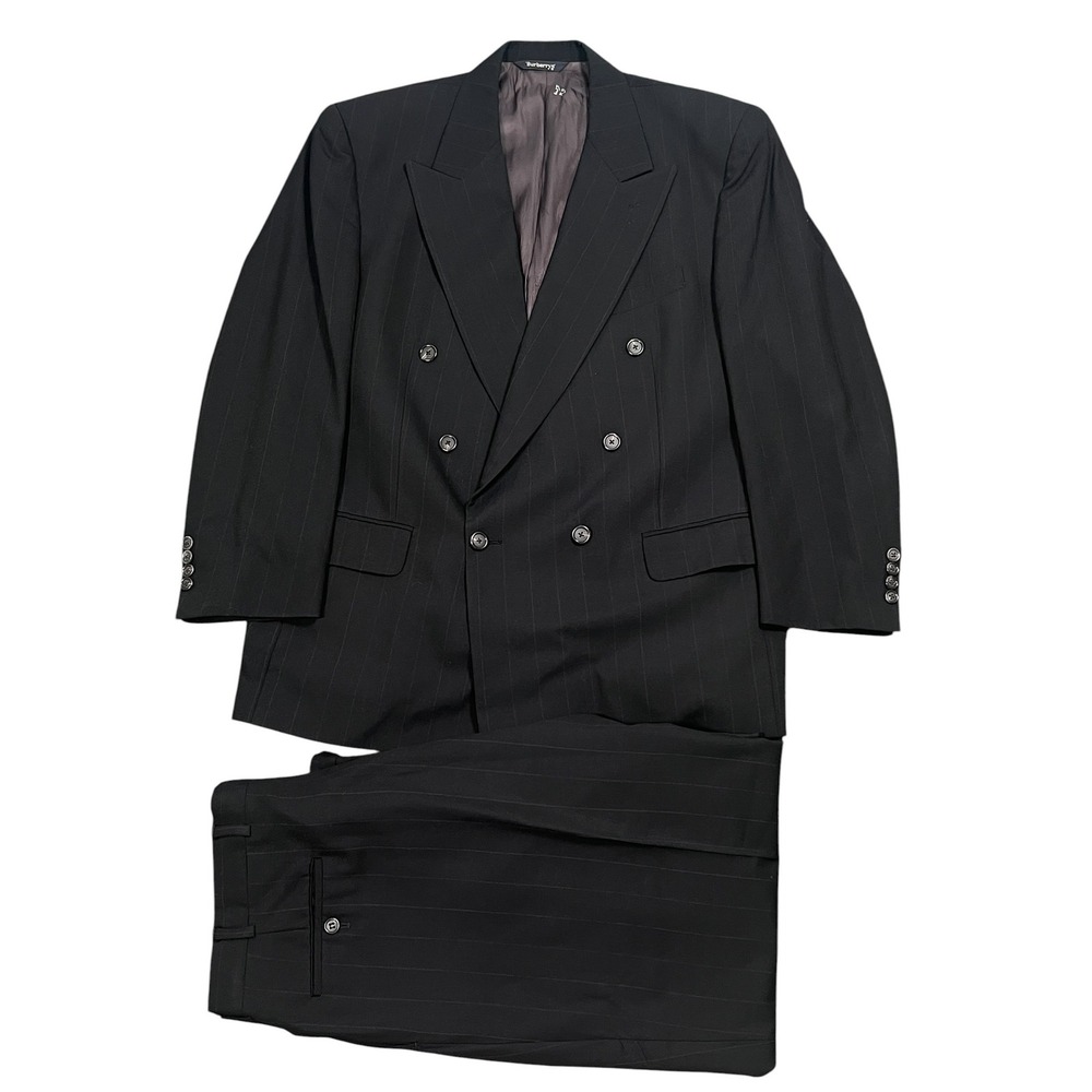 Burberrys VTG Suit Men 46R 36X30 Black Red Yellow Pinstripe Double Breasted Wool